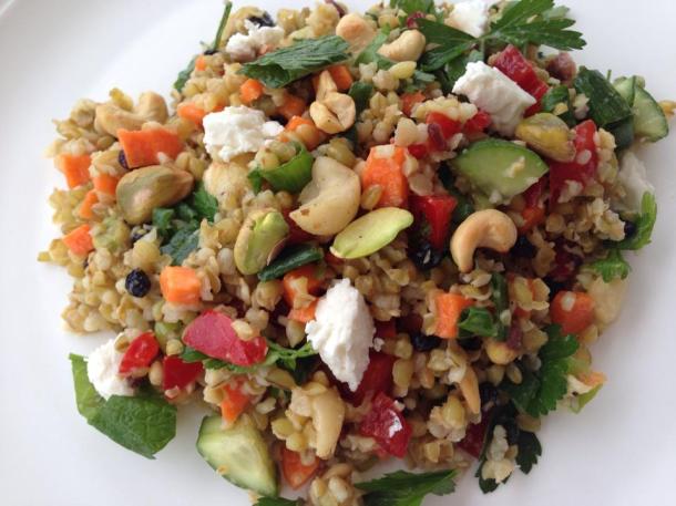 Freekeh salad with macadamia and feta