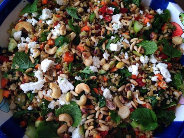 Freekeh salad with macadamia, barberries and feta