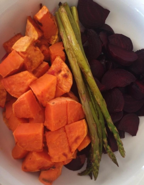 Grilled sweet potatoes, asparagus and beetroot
