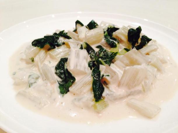 Silverbeet stalks with tahini and lemon sauce