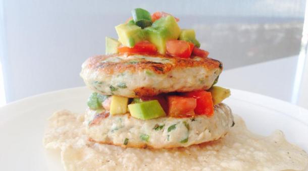 Chicken, quinoa and feta patties with avocado and tomato salsa