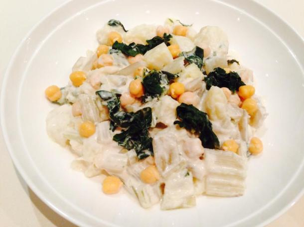 Silverbeet, potato and chickpea salad with tahini and lemon dressing