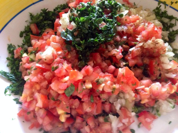 Tabouli salad about to be mixed