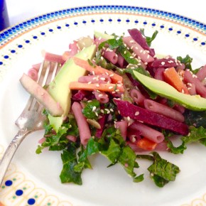 Penne, kale and beetroot salad with sesame seed&nbsp;dressing