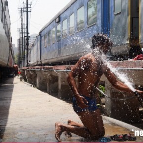Man Washing on a Railway Platform outside&nbsp;Delhi